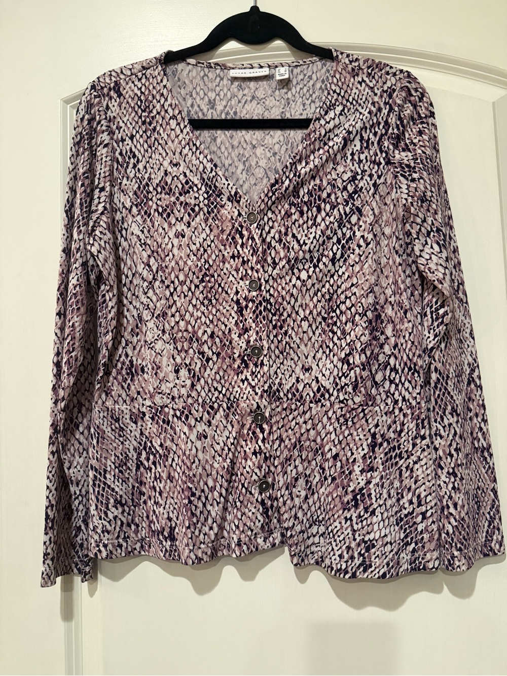 Susan Graver Lavender and Plum Printed Button-Front Top with peplum.